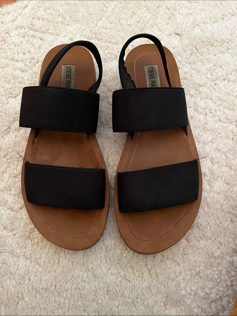 Steve Madden Black and Brown Two-Strap Elasticized Slingback Sandals